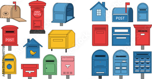 Mailbox and Post Box Set, Colorful Postal Service Cartoon Collection