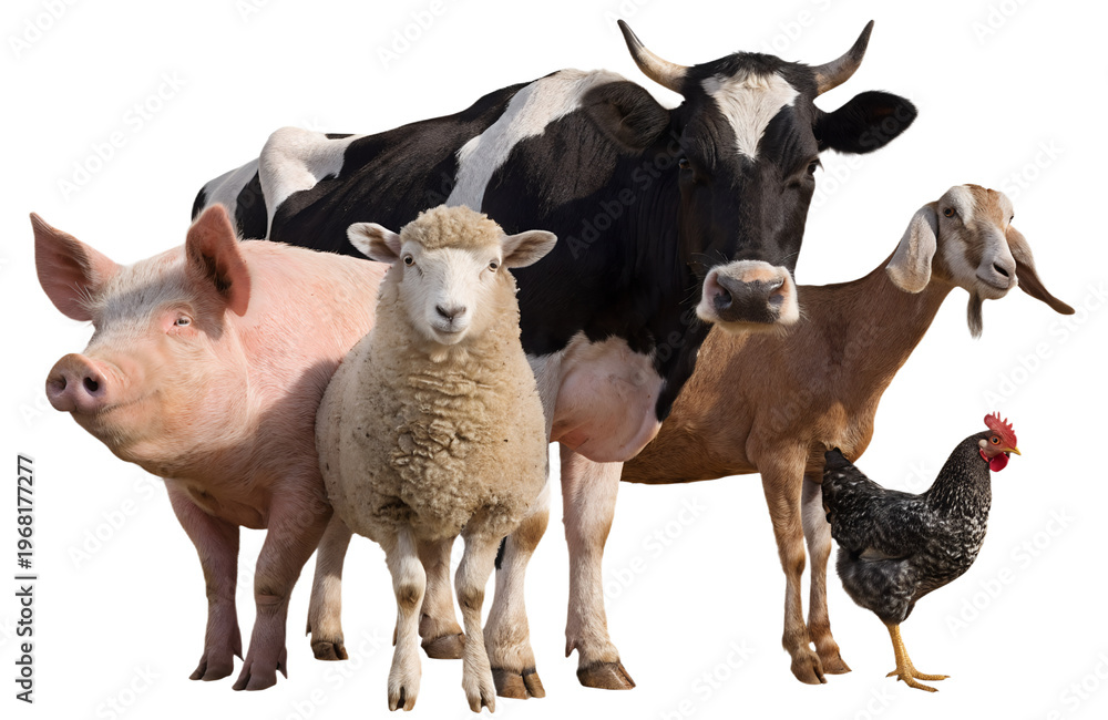 Fototapeta premium Group of Farm Animals Standing Together Isolated on Transparent Background
