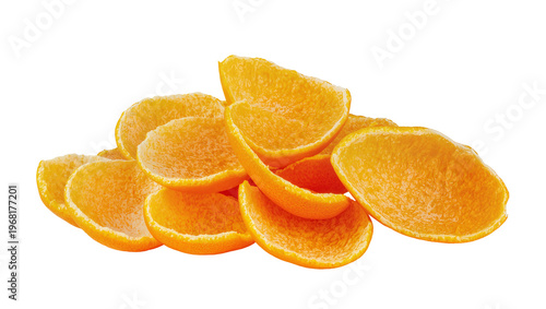 Pile of vibrant dried orange slices showcasing their curled edges and intense color, isolated on transparent background for healthy snack designs