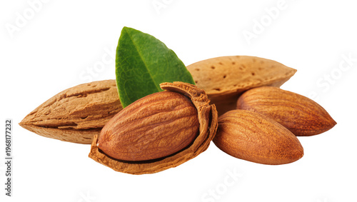 Several whole almonds with textured brown shells and a single vibrant green almond leaf, isolated on transparent background for healthy food promotions