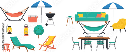 Outdoor Patio Furniture and Camping Set, Garden Relaxation and Picnic Illustration Collection