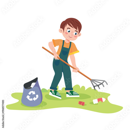 Vector illustration of a boy cleaning up trash.Cartoon scene of a boy with a rake raking plastic bottles on a green lawn, recycling sign, bag isolated on a white background.Caring for the environment.