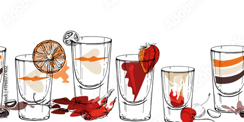 Orange, red and cream alcoholic shots and cocktails in ink outlined glasses, abstract flat fills. Hand drawn seamless vector banner for themed ribbons, content headers, crafts, decorative modules