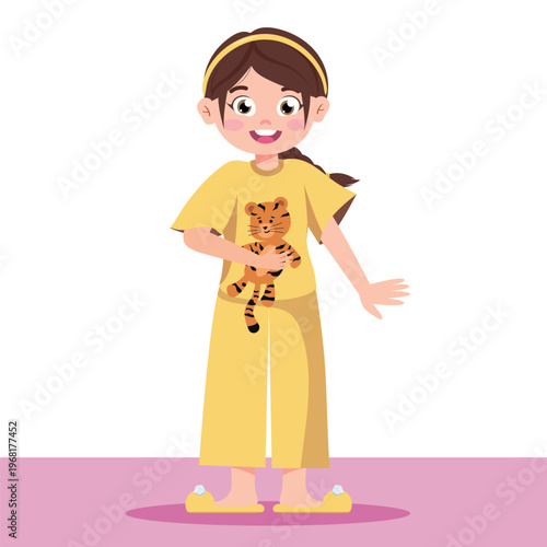 Vector illustration of a little girl in pajamas standing in a room. Cartoon scene of cute little girl wearing yellow pajamas with polka dot print, hoop, slippers, holding tiger toy, pink wallpaper.