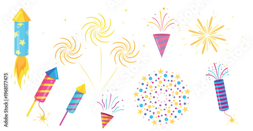 Set of beautiful pyrotechnics in cartoon style. Vector illustration of colorful different festive firecrackers, fireworks, salutes, party poopers, streamers, stars isolated on white background.