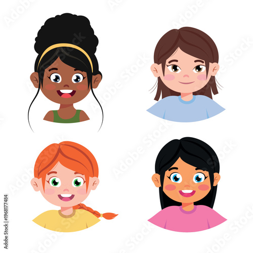 Set of pretty girls of different color types in cartoon style. Vector illustration of smiling girls with different skin color, hair: brunette, brown-haired, redhead isolated on white background.