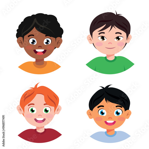 Set of cute little boys of different appearances in cartoon style. Vector illustration of smiling boys with different skin color, hair: brunette, brown-haired, red-haired isolated on white background.