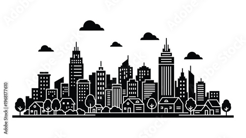 A striking black and white cityscape illustration features buildings and trees creating a bold minimalist silhouette high quality professional detailed modern