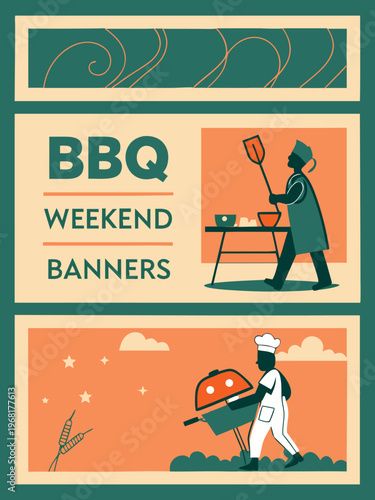 BBQ Party and Picnic Weekend Illustration Set with Family Grilling, Outdoor Banners, and Summer Holiday Scenes