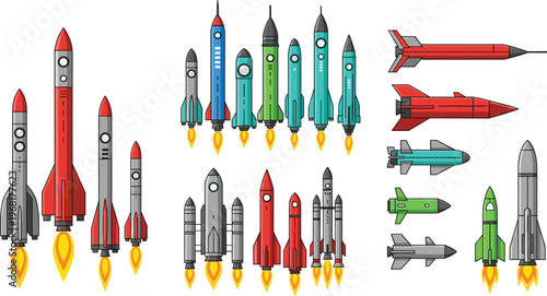 Rocket Set with Spacecraft and Missiles, Space Launch Cartoon Collection