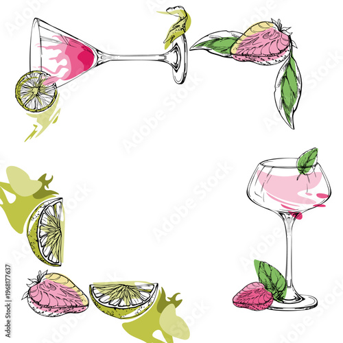 Pink cocktail frame, Strawberry margarita and daiquiri in martini and coupe ink glasses with citrus and berry outlines. Hand drawn vector for party invites, gift wraps, drink kits, culinary graphics.