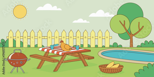 BBQ Party and Picnic Weekend Illustration Set with Family Grilling, Outdoor Banners, and Summer Holiday Scenes