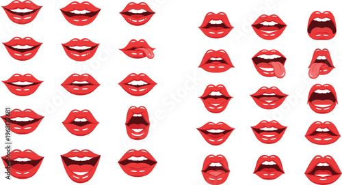Sexy Lips Cartoon Collection with Different Expressions and Poses, Red Glossy Mouth Set for Beauty, Fashion and Makeup Vector Illustration