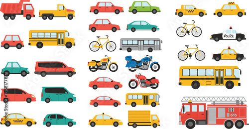 Transport Vehicles Collection with Cars, Buses, Motorcycles, Bicycle, Taxi and Emergency Truck, City Transportation Vector Illustration Set
