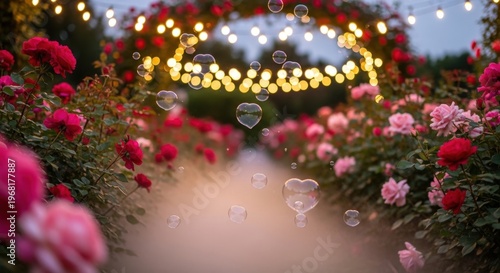 Romantic garden path with floating bubbles and warm decorative lights