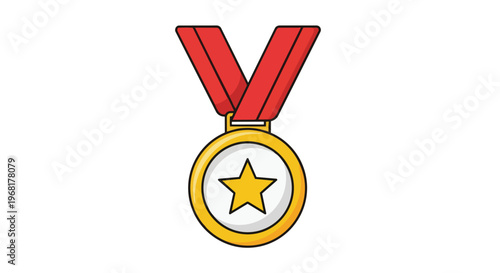 Vibrant cartoon style gold medal illustration featuring a prominent yellow star at its core elegantly suspended from a rich crimson V-shaped ribbon