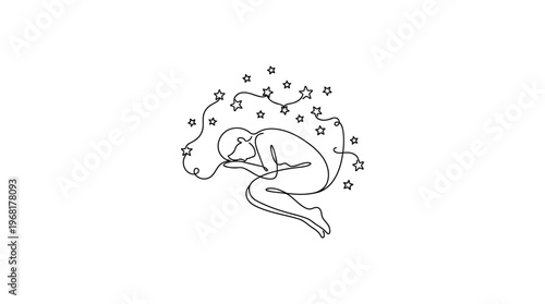 Person Curled in Fetal Position With Falling Stars, Rest Under the Cosmos, Single Line Art