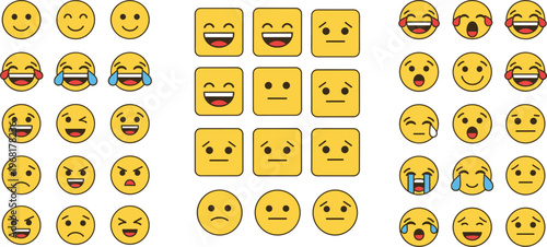 Yellow Emoji Faces Set with Different Emotions, Smiley Expression Icons Collection