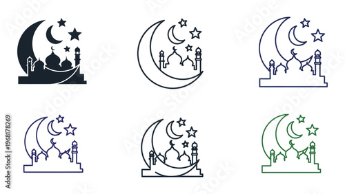 A collection of islamic crescent moon and mosque icons in varying styles offering diverse design options silhouette high quality professional detailed
