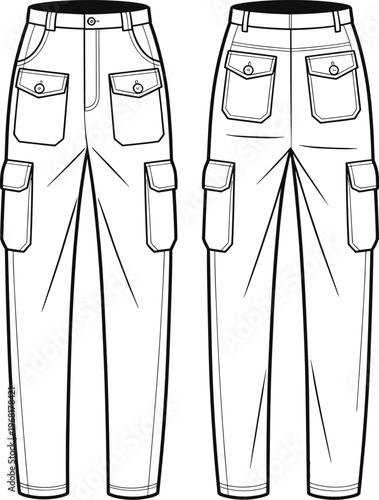 Technical flat sketch of cargo pants front and back views with waistband, belt loops, flap pockets, button closures, side cargo pockets, and seam details