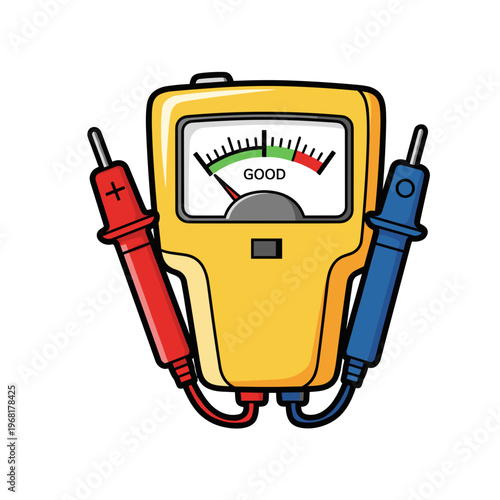 Colorful battery tester with analog display and red and blue probes isolated on a white background, showcasing good reading