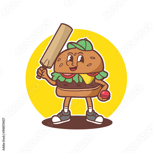 burger mascot with cricket outfit good for sticker, badge, food mascot, etc