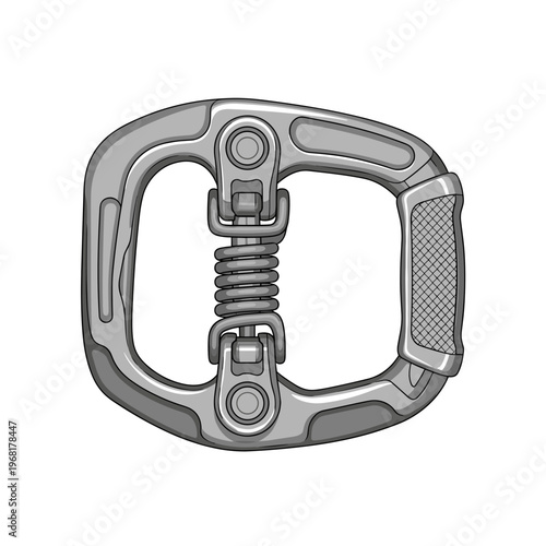 Metallic harness clip with spring mechanism isolated on white background, detailed illustration of fastening equipment