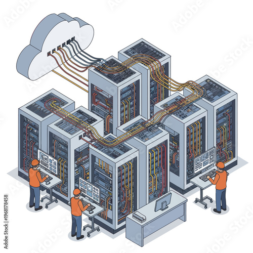 Cloud Computing Network Infrastructure with Server Racks and Technicians.