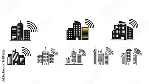 A collection of modern buildings with wireless signal icons depicted in a minimalist style creating a stark silhouette high quality professional
