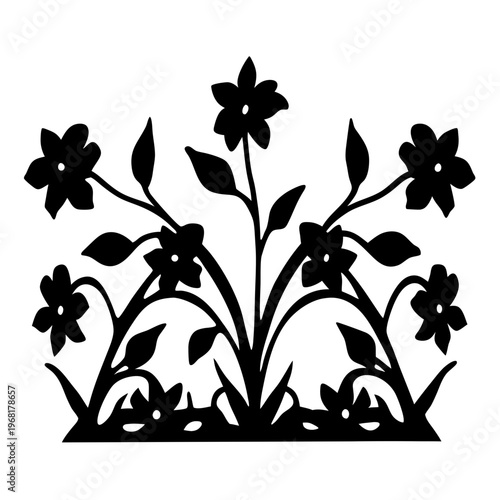 Vintage floral silhouette vector, black garden flower bush with leaves, decorative botanical ornament for laser cutting and vinyl decals