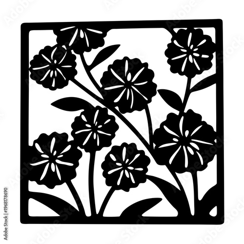 Floral laser cut panel vector, decorative flower silhouette stencil for wood carving, botanical square frame pattern for interior wall art