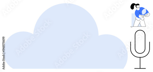 Voice recognition, cloud computing, virtual collaboration, digital storage, communication, podcasting. Blue cloud shape, microphone symbol character holding globe. Voice recognition and cloud