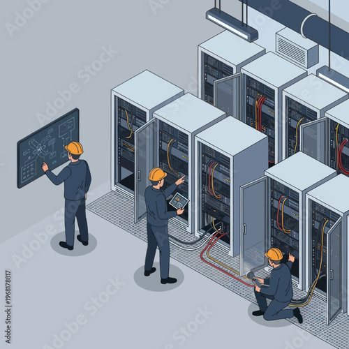 Isometric View of Data Center Technicians Working on Servers.