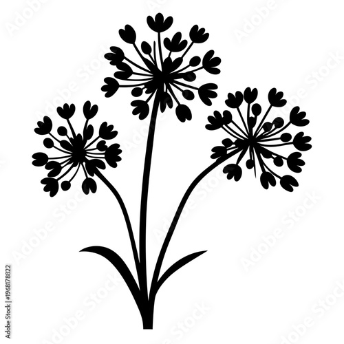 Minimalist allium flower silhouette vector, black floral botanical illustration, elegant wildflower stems for wedding invitations and logo design