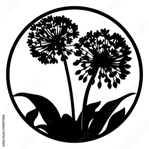 Black allium flower silhouette in circular frame, floral botanical vector illustration, minimalist garden plant stencil for laser cutting and vinyl