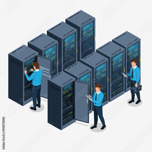 Isometric View of IT Technicians Working in a Server Room.