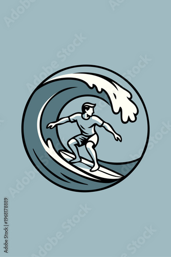 Vacaciones en la playa. Logo club de surf. Dibujo con líneas de un joven surfista en una tabla de surf con olas de mar en círculo, con fondo gris 