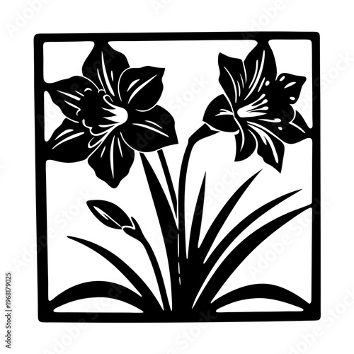 Vintage daffodil floral silhouette vector, botanical narcissus flower illustration in square frame, black and white spring garden plant clipart