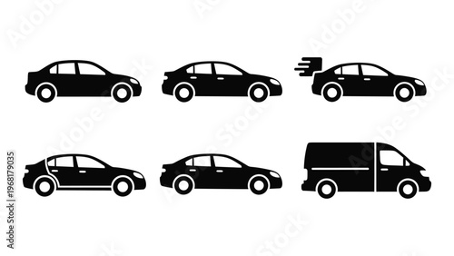 A series of black vehicle silhouettes are displayed including cars and a van representing transportation options silhouette high quality professional detailed
