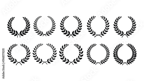 A collection of nine black laurel wreaths arranged in a grid pattern showcasing decorative botanical designs silhouette high quality professional detailed