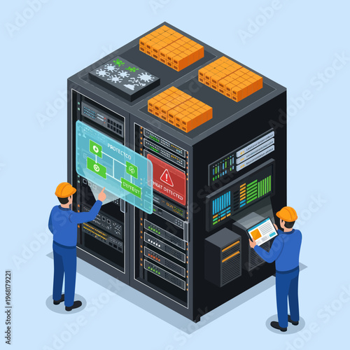 Isometric Server Room Maintenance - Engineers Monitoring Data Center Equipment.