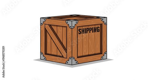 Wooden Shipping Crate with Metal Reinforcements and Label.