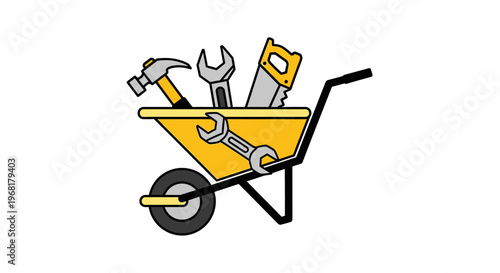 Yellow wheelbarrow filled with various construction tools.