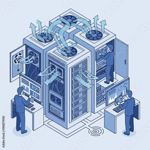 Isometric Data Center Illustration - Servers, Cooling, and Maintenance.