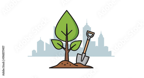 Young tree being planted with shovel in soil.