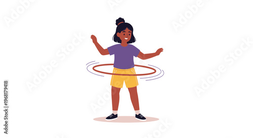 Young girl happily playing with a hula hoop.