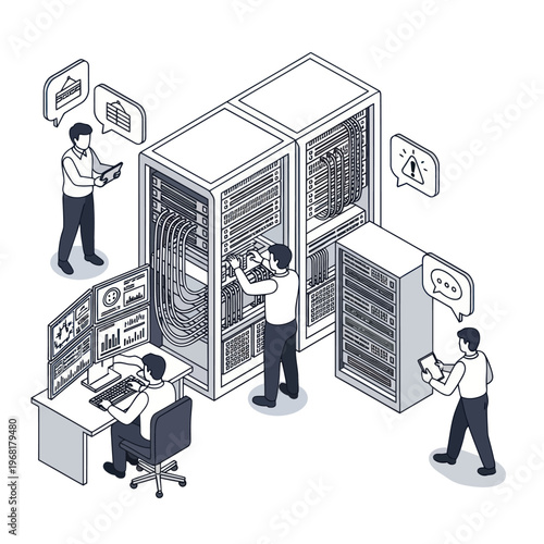 Isometric Illustration of IT Professionals Managing a Server Room.