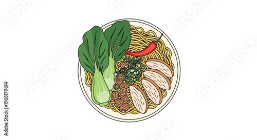 Appetizing Hand-Drawn Ramen with Chicken, Greens, and Spicy Pepper