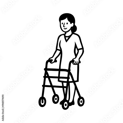 Dibujo sencillo con líneas de una mujer usando un andador de movilidad para los desplazamientos diarios