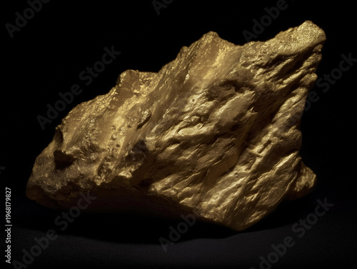 Golden Nugget on Black — High-Contrast Macro Mineral, Hyper-realistic gold nugget with rich metallic texture on black, studio lighting—ideal for luxury, wealth, and finance themes.
